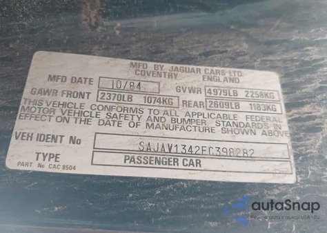 1985 Jaguar Xj6 from USA, damaged, VIN SAJAV1342FC398282